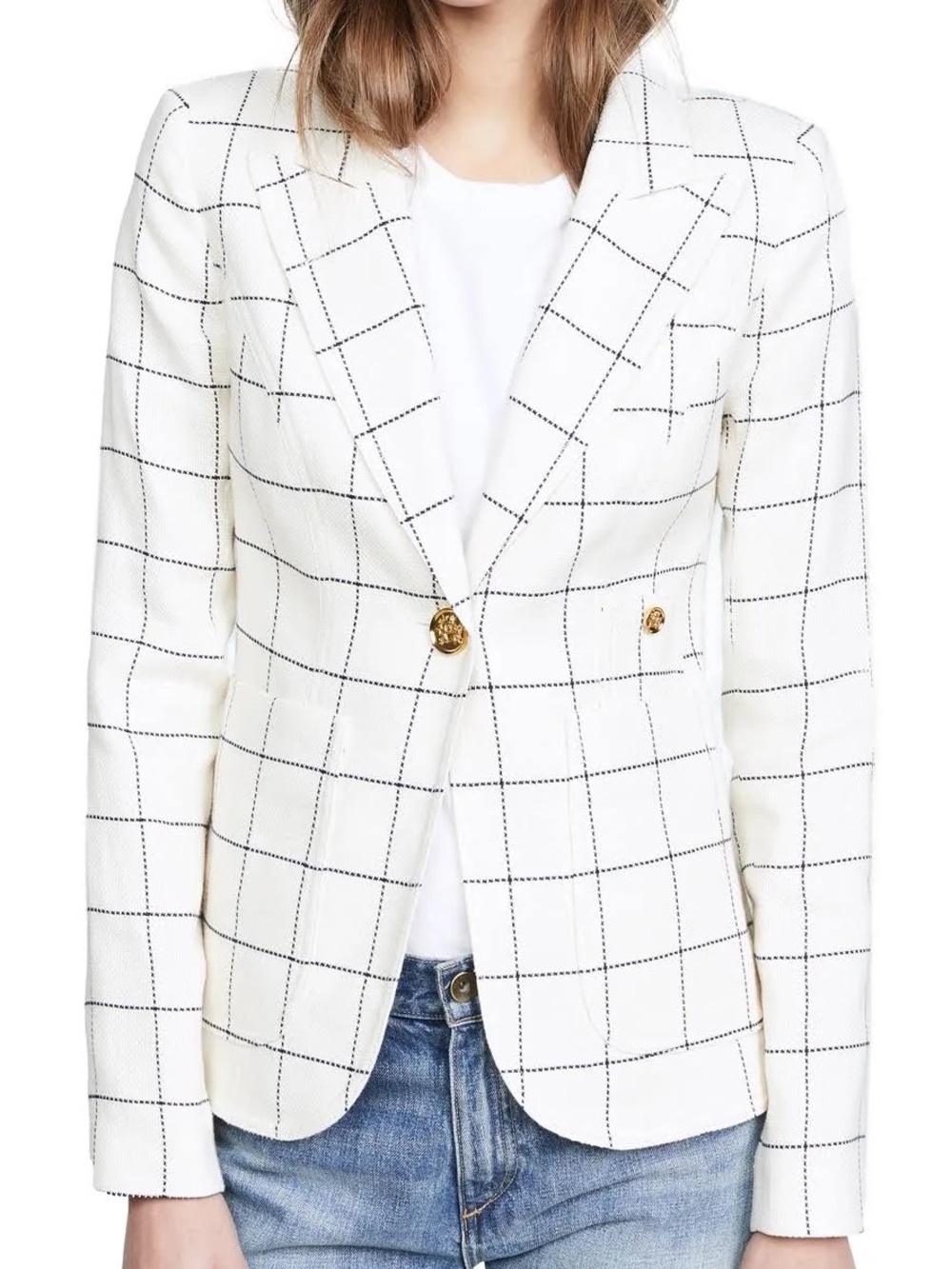 Smythe Cream Duchess Blazer w Navy Windowpane Check Pattern & Gold Buttons